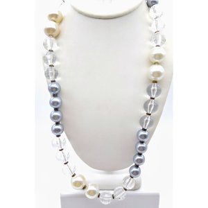 Versatile Long Beaded Neutral Necklace, Vintage Dove Gray and Jumbo White Faux P